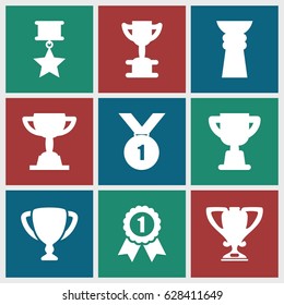 Contest icons set. set of 9 contest filled icons such as trophy, number 1 medal