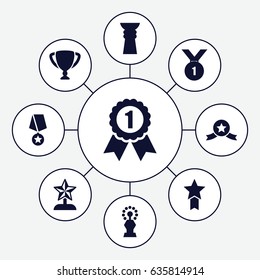 Contest icons set. set of 9 contest filled icons such as trophy, star trophy, number 1 medal
