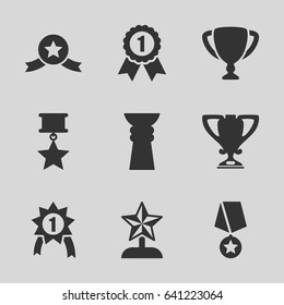 Contest icons set. set of 9 contest filled icons such as trophy, star trophy, number 1 medal