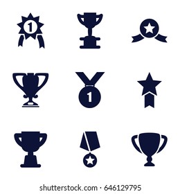Contest icons set. set of 9 contest filled icons such as trophy, number 1 medal