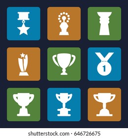 Contest icons set. set of 9 contest filled icons such as trophy, number 1 medal