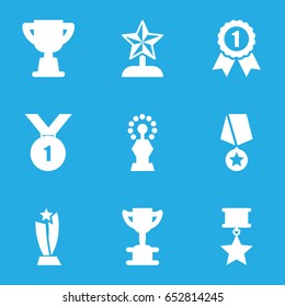 Contest icons set. set of 9 contest filled icons such as trophy, star trophy, number 1 medal