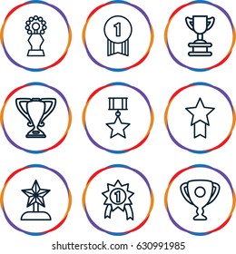 Contest icons set. set of 9 contest outline icons such as trophy, star trophy, number 1 medal