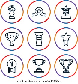 Contest icons set. set of 9 contest outline icons such as trophy, star trophy, number 1 medal