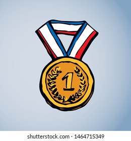 Contest leader medalist modern striped necklace round shape iso meed on white backdrop. Bright yellow color hand drawn logo insignia sketchy in retro art scribble comic graphic style on space for text