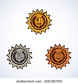 Contest leader medalist modern striped necklace round shape iso meed on white backdrop. Bright yellow color hand drawn logo sketchy in retro art scribble comic graphic style with space for text