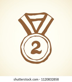 Contest leader medalist necklace round shape iso meed on white backdrop. Freehand outline black ink hand drawn logo sketchy in retro art scribble cartoon graphic style pen on paper with space for text