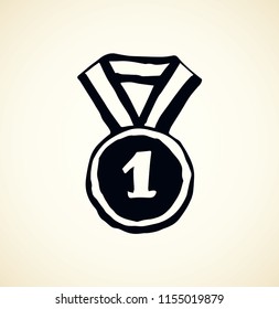 Contest leader medalist necklace round 
iso meed on white backdrop. Freehand outline black ink hand drawn logo sketchy in retro art scribble cartoon graphic engraved print style with space for text