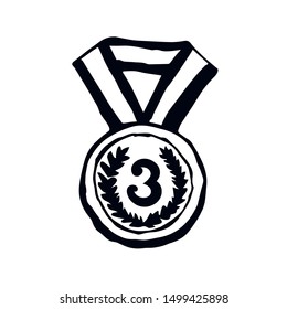 Contest leader medalist necklace round shape iso meed on white backdrop. Freehand outline black ink hand drawn logo sketchy in retro art scribble cartoon graphic style pen on paper with space for text