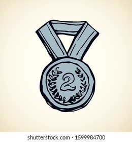 Contest leader medalist necklace round shape iso meed on white backdrop. Freehand outline black ink hand drawn logo sketchy in retro art scribble cartoon graphic style pen on paper with space for text