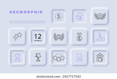 Contest line icon set. Prize, award, shield, first place, star, olive wreath, achievement, victory, excellence, top placement. Neomorphism style. Vector line icon for business and advertising