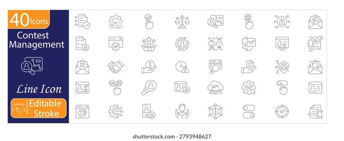Contest Management icons set. Includes competition planning, judging, voting, awards, rankings, and participant management symbols. Editable stroke. Line icons.
