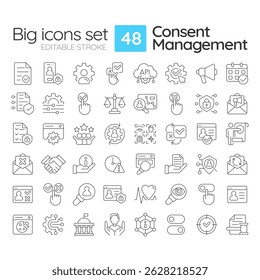 Ícones de linha de gerenciamento de concursos definidos. Sistema que protege os dados do usuário online. Segurança de informações pessoais. Ilustrações isoladas de contorno de vetor. Símbolos de conjunto de ícones de lineart fino. Traçado editável