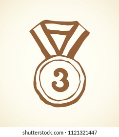 Contest medalist necklace round shape meed on white backdrop. Freehand outline black ink hand drawn logo sketchy in retro art scribble cartoon graphic style pen on paper with space for text