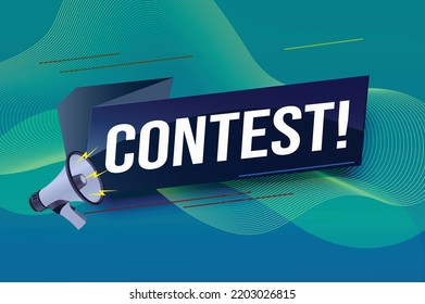 contest megaphone loud speaker design for ribbon banner poster. lettering with geometric shapes lines. advertising Vector illustration modern alert typographic blue color design template.