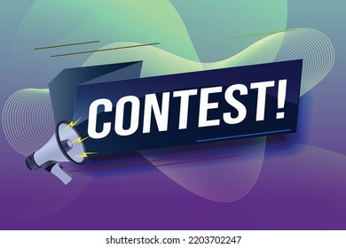 contest megaphone loud speaker design for ribbon banner poster. lettering with geometric shapes lines. advertising Vector illustration modern alert typographic blue color design template.