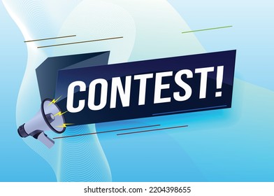 contest megaphone loud speaker design for ribbon banner poster. lettering with geometric shapes lines. advertising Vector illustration modern alert typographic blue color design template.