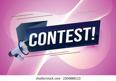 contest megaphone loud speaker design for ribbon banner poster. lettering with geometric shapes lines. advertising Vector illustration modern alert typographic blue color design template.