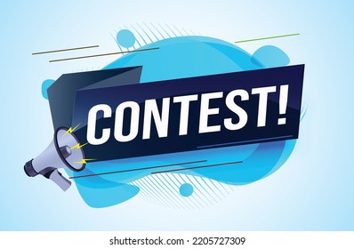 contest megaphone loud speaker design for ribbon banner poster. lettering with geometric shapes lines. advertising Vector illustration modern alert typographic blue color design template.