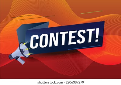 contest megaphone loud speaker design for ribbon banner poster. lettering with geometric shapes lines. advertising Vector illustration modern alert typographic blue color design template.