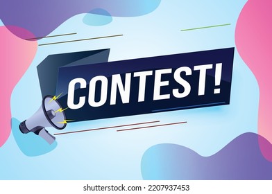 contest megaphone loud speaker design for ribbon banner poster. lettering with geometric shapes lines. advertising Vector illustration modern alert typographic blue color design template.