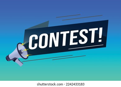 contest megaphone loud speaker design for ribbon banner poster. lettering with geometric shapes lines. advertising Vector illustration modern alert typographic blue color design template.