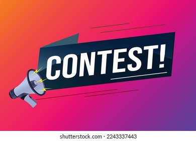 contest megaphone loud speaker design for ribbon banner poster. lettering with geometric shapes lines. advertising Vector illustration modern alert typographic blue color design template.