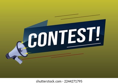 contest megaphone loud speaker design for ribbon banner poster. lettering with geometric shapes lines. advertising Vector illustration modern alert typographic blue color design template.