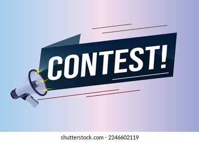 contest megaphone loud speaker design for ribbon banner poster. lettering with geometric shapes lines. advertising Vector illustration modern alert typographic blue color design template.