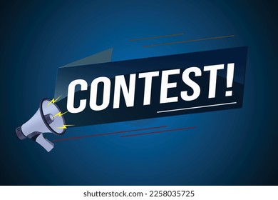 contest megaphone loud speaker design for ribbon banner poster. lettering with geometric shapes lines. advertising Vector illustration modern alert typographic blue color design template.