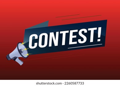 contest megaphone loud speaker design for ribbon banner poster. lettering with geometric shapes lines. advertising Vector illustration modern alert typographic blue color design template.