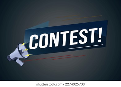 contest megaphone loud speaker design for ribbon banner poster. lettering with geometric shapes lines. advertising Vector illustration modern alert typographic blue color design template.