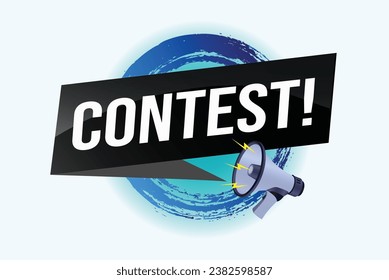 contest megaphone loud speaker design for ribbon banner poster. lettering with geometric shapes lines. advertising Vector illustration modern alert typographic blue color design template.