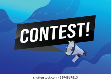 contest megaphone loud speaker design for ribbon banner poster. lettering with geometric shapes lines. advertising Vector illustration modern alert typographic blue color design template.