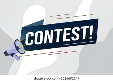 contest megaphone loud speaker design for ribbon banner poster. lettering with geometric shapes lines. advertising Vector illustration modern alert typographic blue color design template.	