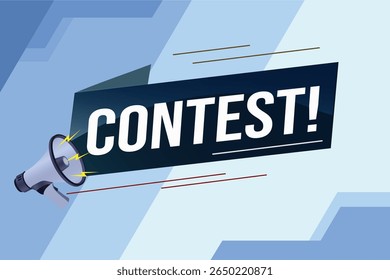 concours conception de haut-parleur mégaphone pour affiche de bannière ruban. lettrage avec des lignes de formes géométriques. illustration vectorielle publicitaire alerte moderne typographique bleu template de conception de couleur.
