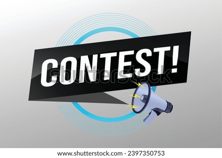 contest megaphone loud speaker design for ribbon banner poster. lettering with geometric shapes lines. advertising Vector illustration modern alert typographic blue color design template.