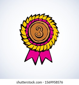 Contest old big 3 olympic athlete leader hero medalist red metal pin round wreath element. Bright color hand drawn warranty heraldic logo border in retro art cartoon graphic style on white text space