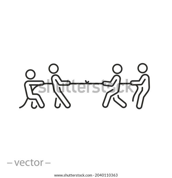 contest\
pull rope icon, challenge for competition, team battle, people\
groups war or conflict, person resist tug, together teamwork, ​thin\
line symbol - editable stroke vector\
illustration