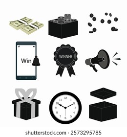 Contest raffle lottery contests prizes gift set mobile, money, clock, coin, giveaway win Vector illustration design.