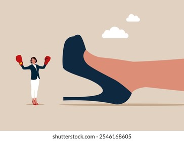 Concurso o rivalidad contra competidores. Mujer con guantes de boxeo en los brazos levantados en la victoria se para cerca de una pierna gigante de la mujer que cae abajo. Ilustración vectorial plana