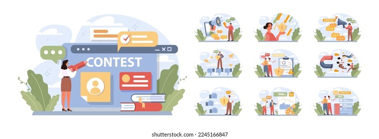 Contest set. Rivalry or challenge concept. Business or interpersonal competition or disagreement. Character fighting for their interests. Flat vector illustration