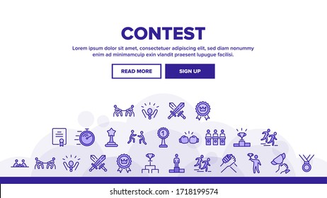 Contest Sport Activity Landing Web Page Header Banner Template Vector. Box And Run, Arm Wrestling And Tug Of War Contest, Champion Cup, Medal And Award Illustrations