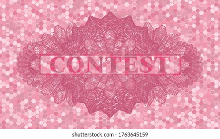Contest text inside Currency pink color tiles mosaic style pattern realistic emblem. Geometric hexagon classic background. Intense illustration. 