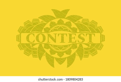 Contest text inside Yellow stroke realistic badge. Lemon fancy background. Intense illustration. 