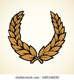 Contest win coat medallion. Pride gold crown garland decor on white background. Golden color hand drawn royal glory logo in antique art doodle graphic style with space for text