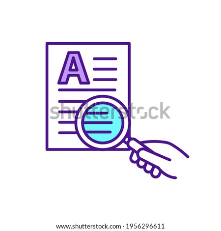 Context recognition RGB color icon. Checking references, citations. Analyzing and understanding article content. Contextual perspective. Documents study. Research method. Isolated vector illustration