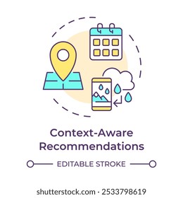 Context-aware recommendations multi color concept icon. Data collection, personalized. Algorithms, services. Round shape line illustration. Abstract idea. Graphic design. Easy to use article