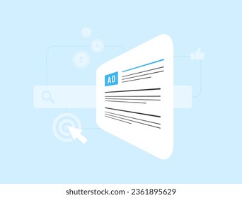 Contextual Advertising in Digital Marketing. Targeted Display PPC Ads. Highlighted Advertising for Business Visibility in Search Results. Vector illustration isolated on blue background with icons