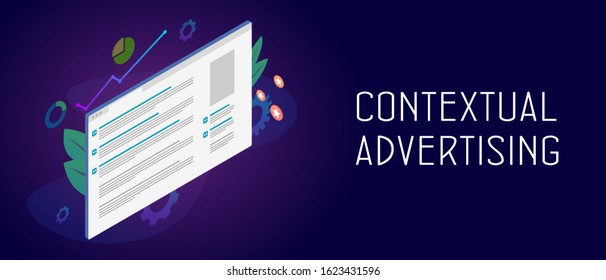 Contextual Advertising isometric vector concept for digital display marketing. Banner and text contextual ads in the browser window with graph, arrow and advertising profit icon. For header and footer